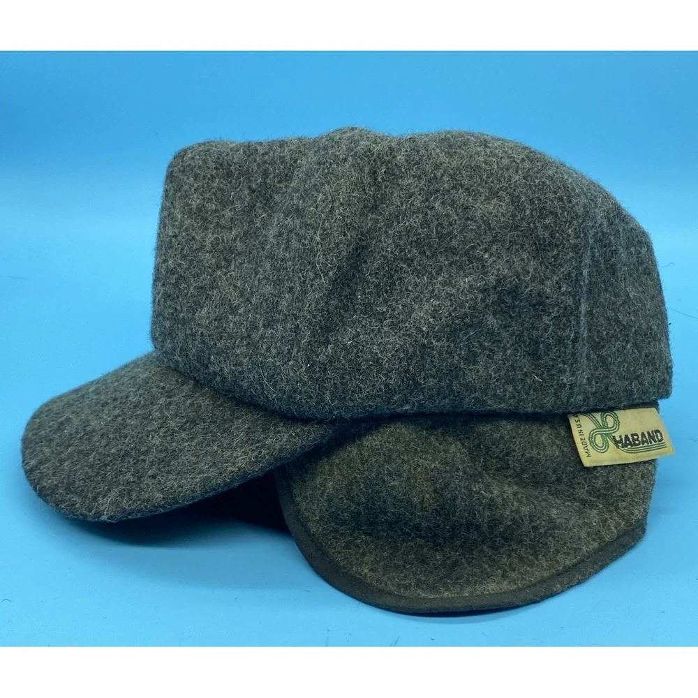 Vintage USA Made Haband Brand Gray Wool Blend Ear Flaps Trapper Hat Cap Size S